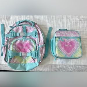 Pottery Barn pastel tie dye backpack and lunchbox with Emily embroidered GUC